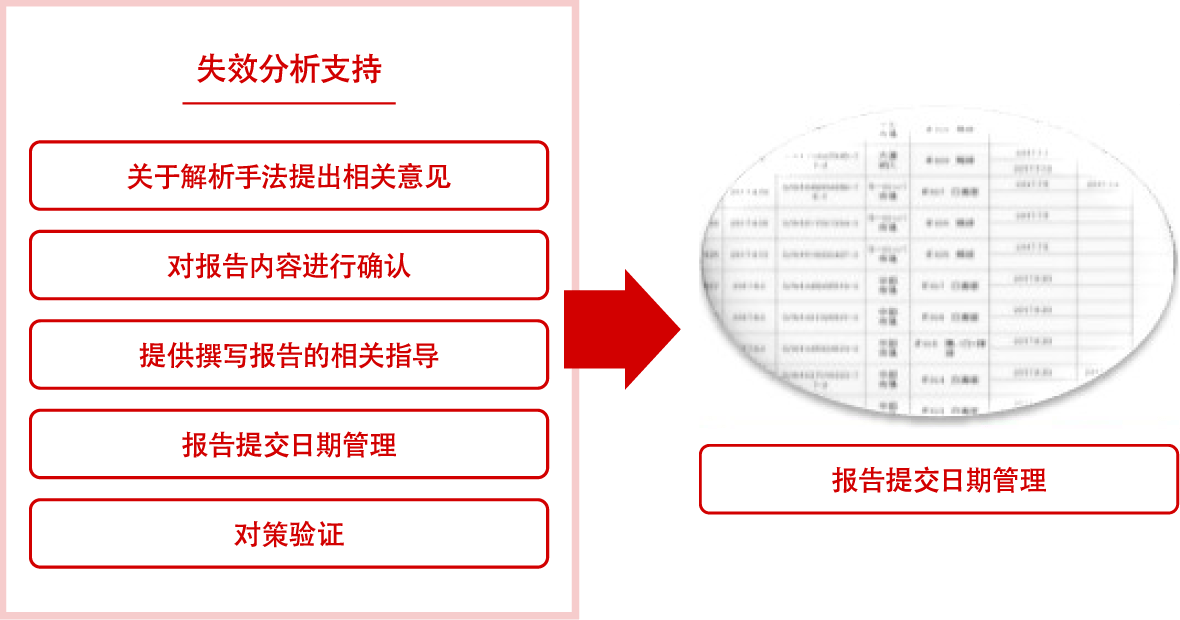 失效分析支持　关于解析手法提出相关意见　对报告内容进行确认　提供撰写报告的相关指导　报告提交日期管理　对策验证　报告提交日期管理