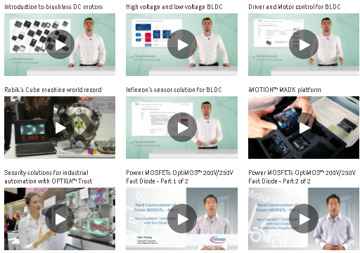 インフィニオンのBLDCモータアプリケーションに関する多数の動画が掲載されています。